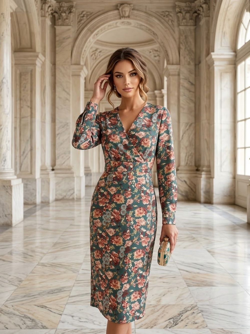 Floral Wrap-Front Long Sleeve Dress - Green Floral